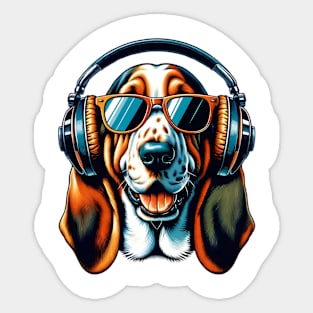 Basset Hound Smiling DJ with Headphones Japanese Art Sticker